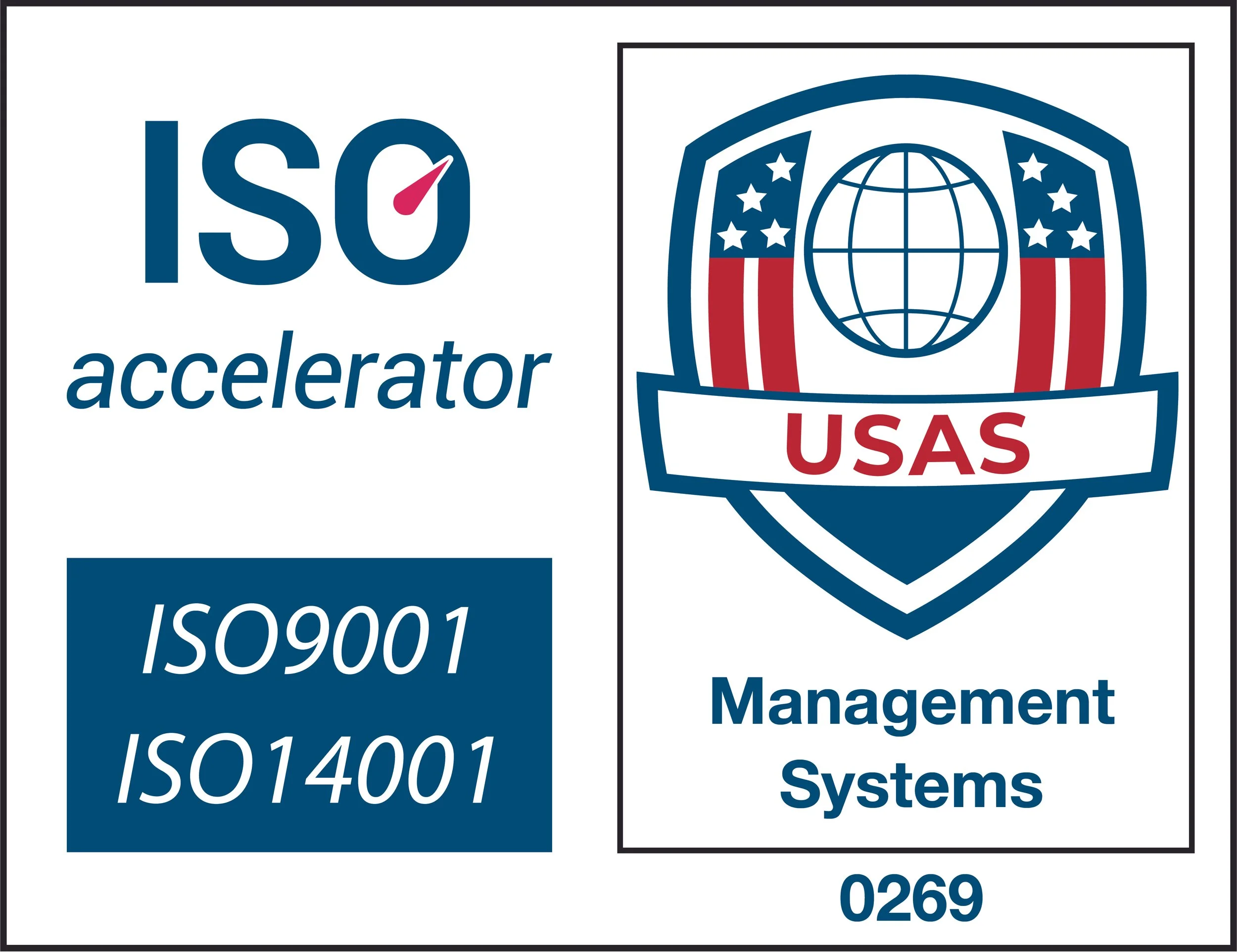 ISO management system certification badge featuring the USAS logo, which includes a globe with a shield, stars, and stripes, along with text indicating ISO9001 and ISO14001 standards.