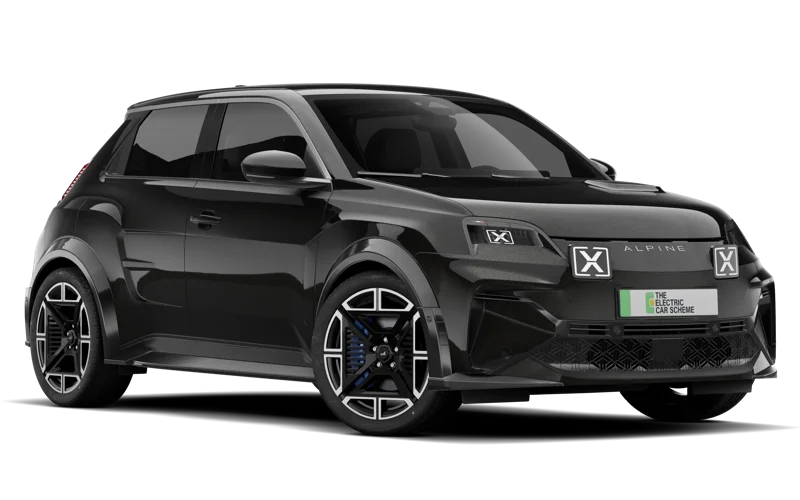 Black compact electric car with sporty design, featuring large aerodynamic wheels, front grille, and door handles, displayed in a studio setting.