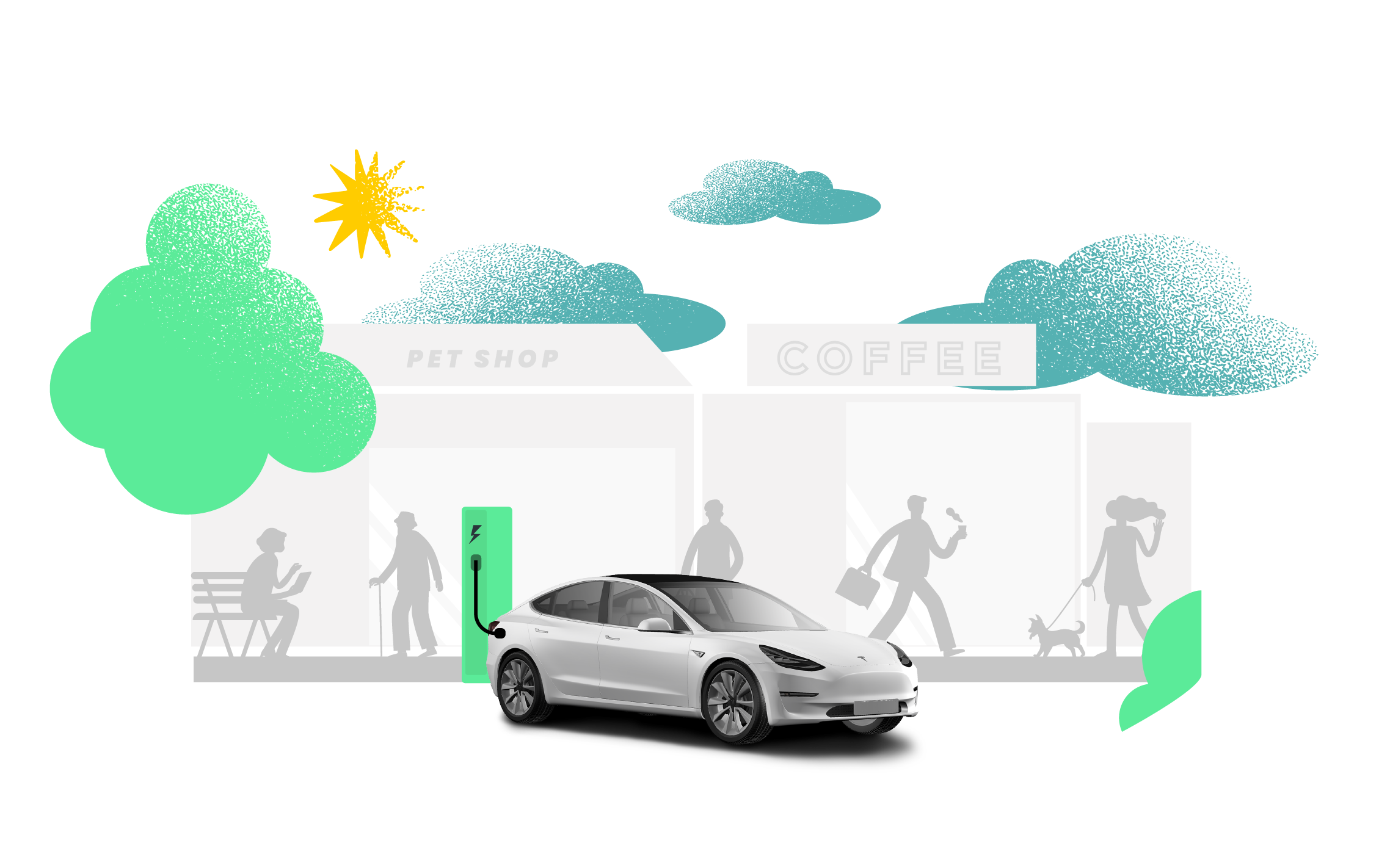 An illustration of an electric vehicle charging station outside a shopping area with a pet shop and coffee shop. A gray electric car is plugged into a green charging unit. There are people walking and sitting nearby, trees and clouds in the background, and a bright sun in the sky.