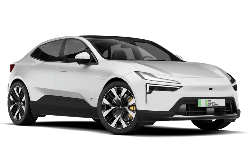 A white electric SUV car with black accents and yellow brake calipers.