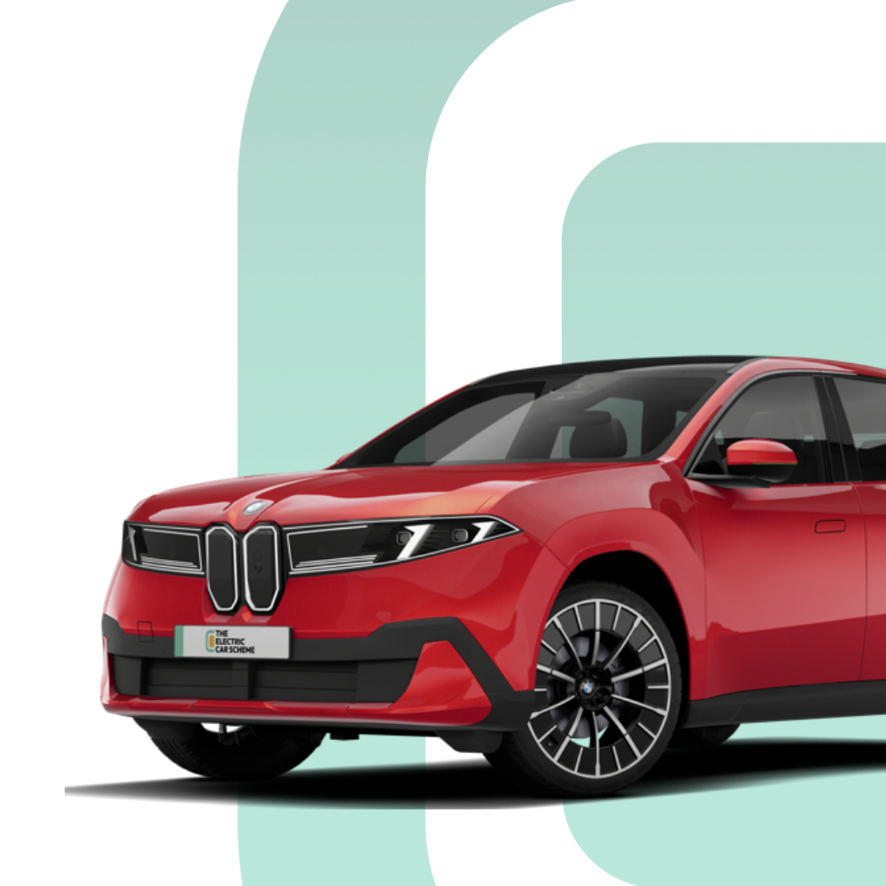Red modern electric car with sleek design and black wheels on a teal background.