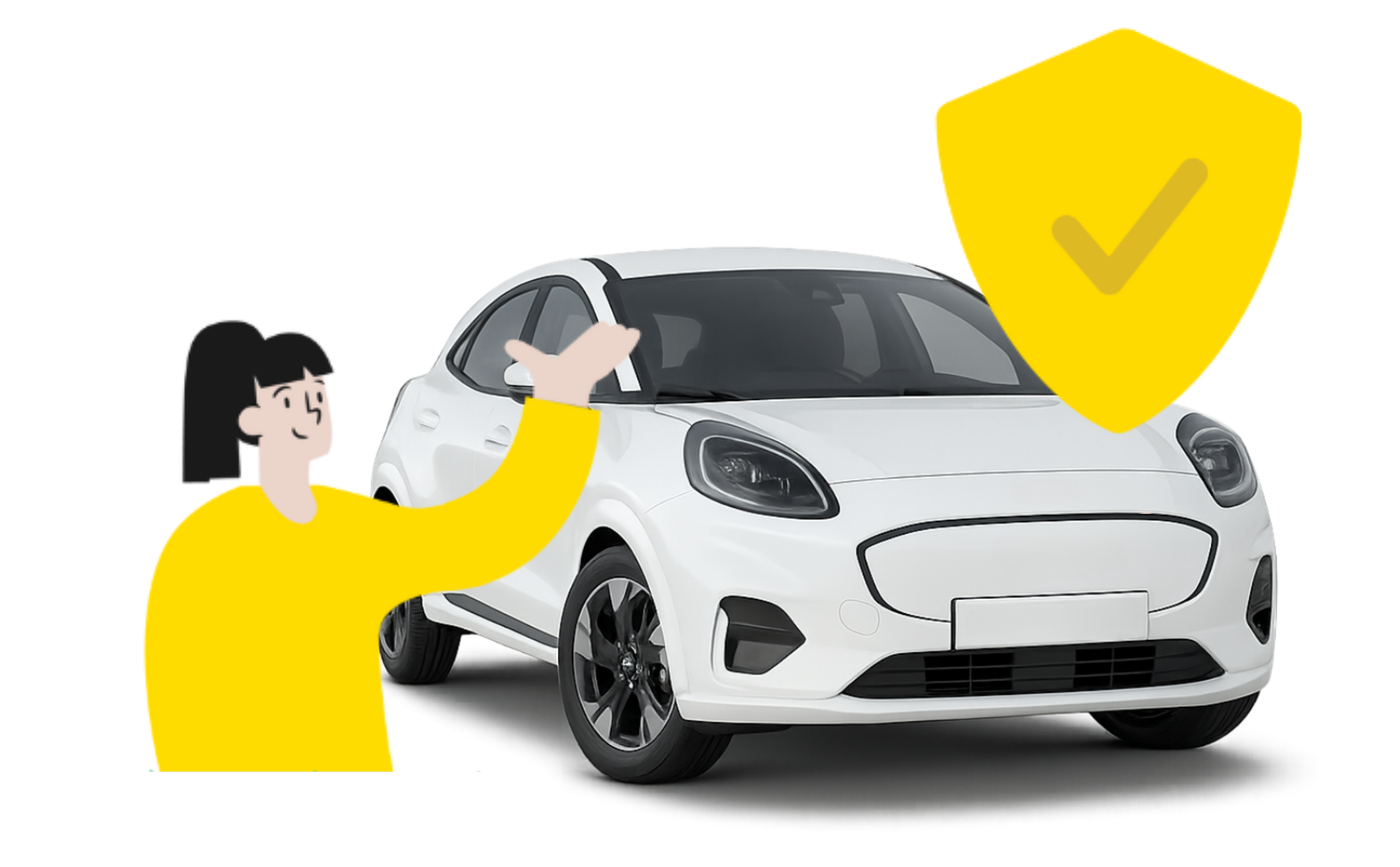 Illustration of a woman in a yellow sweater pointing at a white compact electric car with a yellow shield and check mark symbol above, indicating approval or safety.