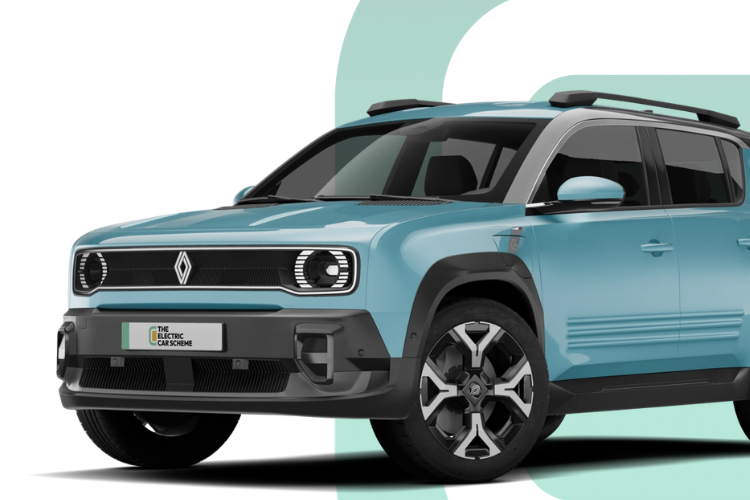 Light blue electric SUV with black accents and roof rack, front view, against a green background.