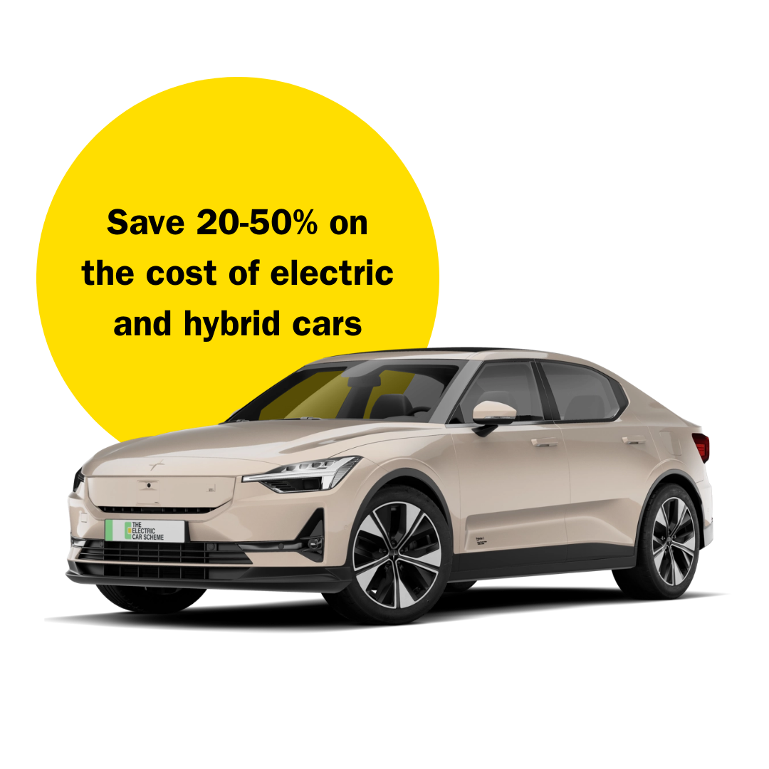 Electric car with a yellow speech bubble stating 'Save 20-50% on the cost of electric and hybrid cars'