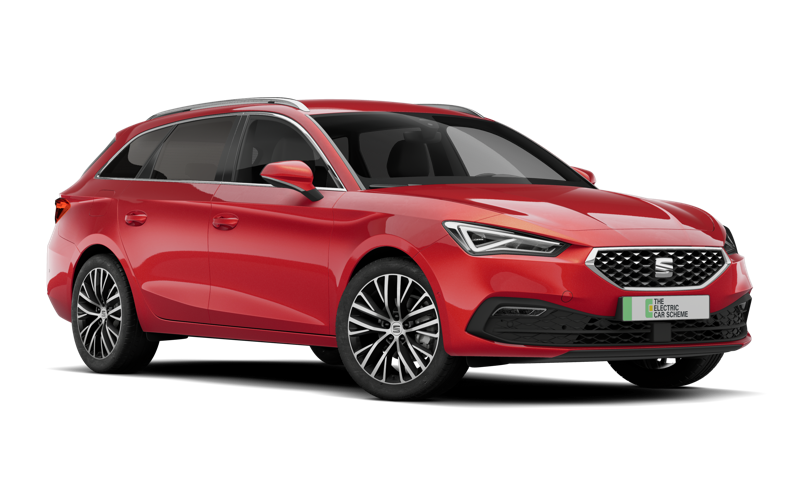 Red electric station wagon car with black front grille, sleek headlights, and alloy wheels, parked against a plain background.
