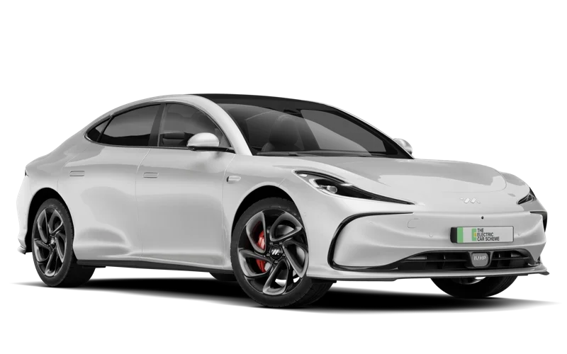 White electric sedan car with black accents and red brake calipers