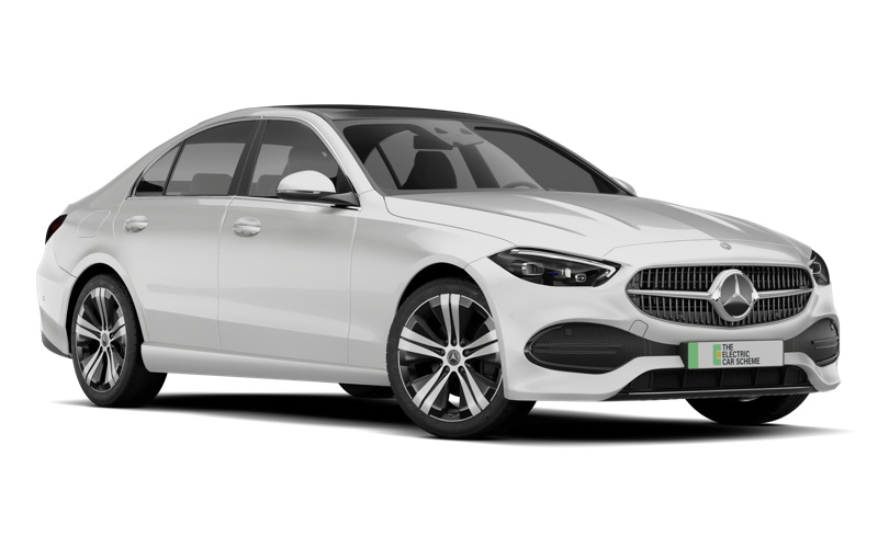 White Mercedes-Benz sedan with black accents and a grille bearing the Mercedes logo, positioned against a black background with a license plate that reads "The Electric Car Scheme."