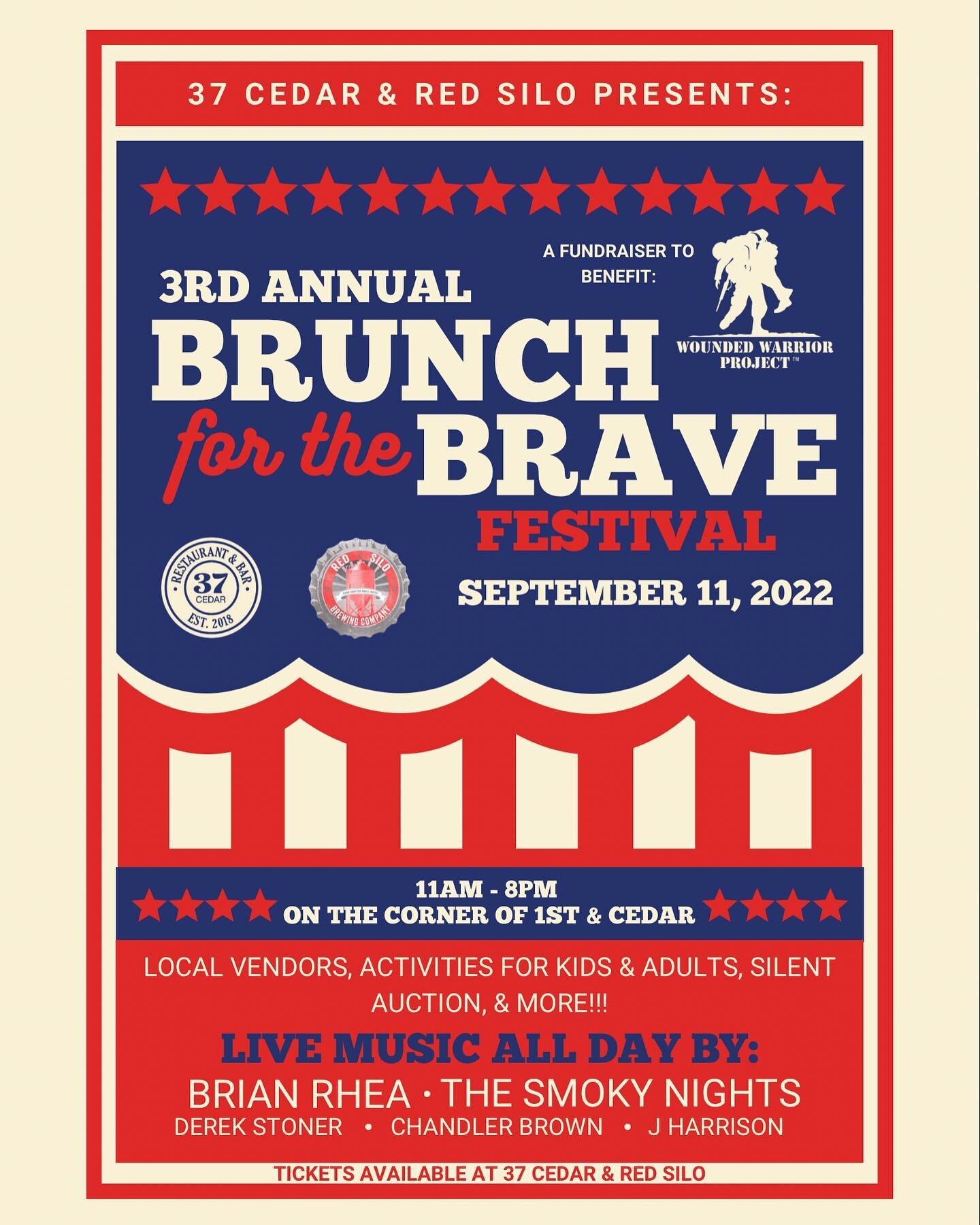 ❤️💙 TICKETS NOW ON SALE 💙❤️

~~~~~~~~~~~~~~~~~~~~~~~~~~~~~~~~

37 Cedar Restaurant &amp; Bar and Red Silo Brewing Company would like to invite everyone to join us on Sunday, September 11th on the Corner of 1st &amp; Cedar for the 3rd Annual 'Brunch