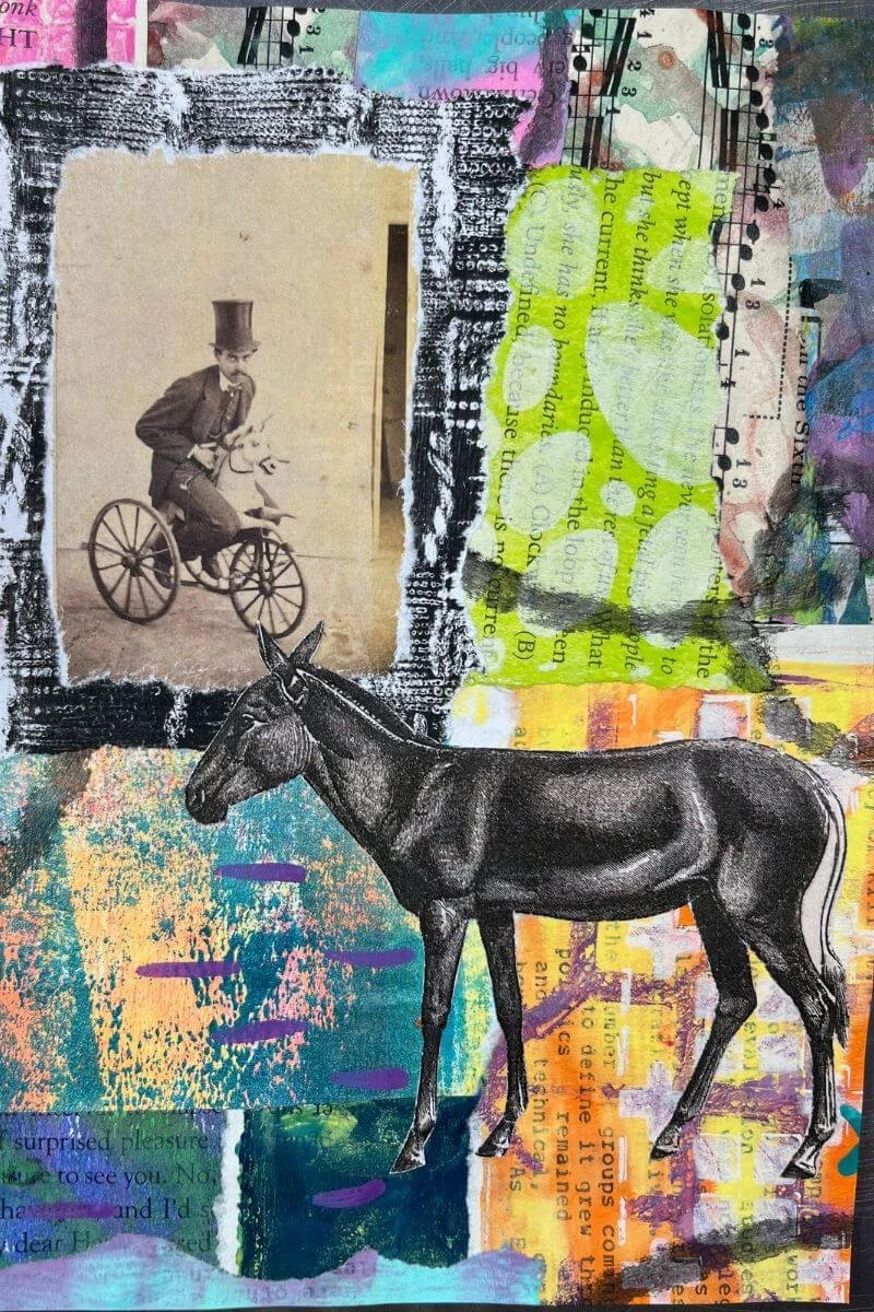A mixed media art journal page created with a vintage horse image