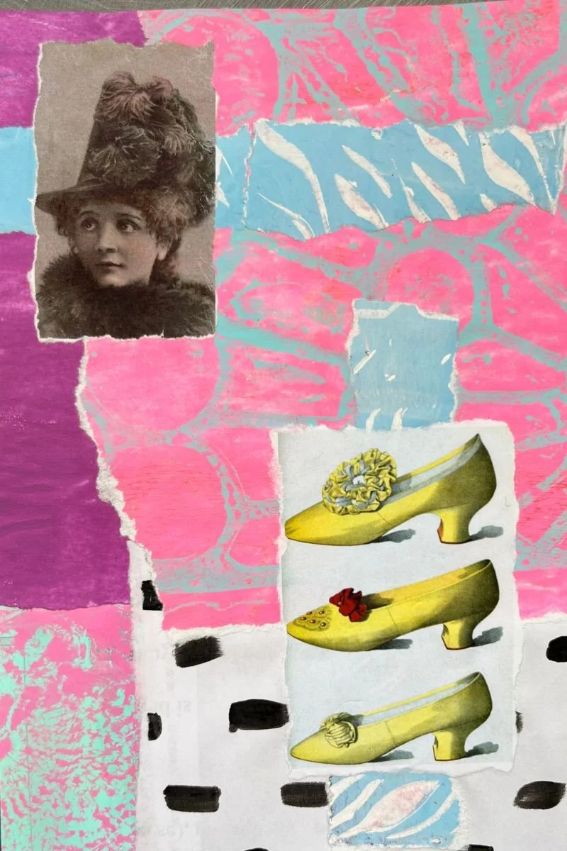 An art journal page created using vintage shoe ephemera