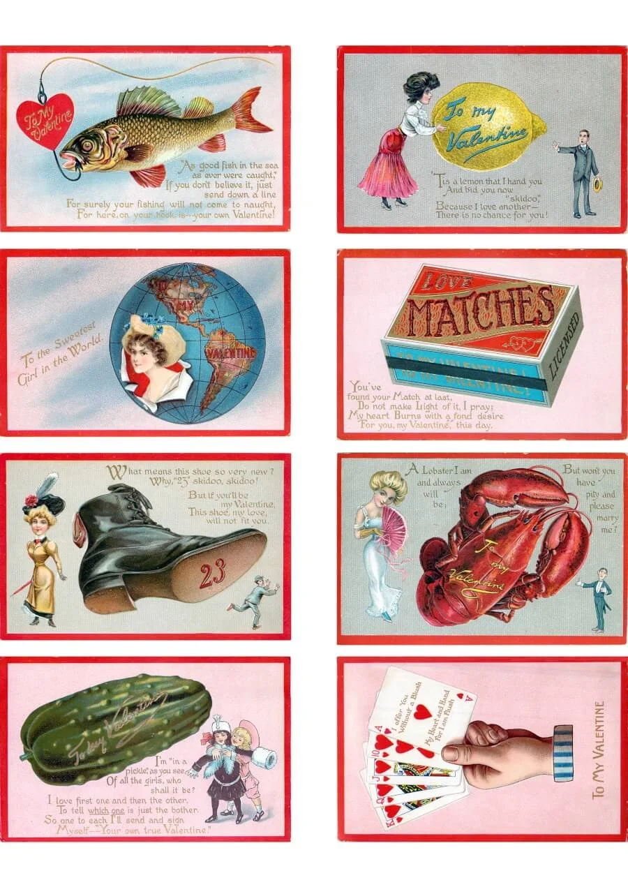 Quirky vintage Valentine card illustrations printable collage sheet
