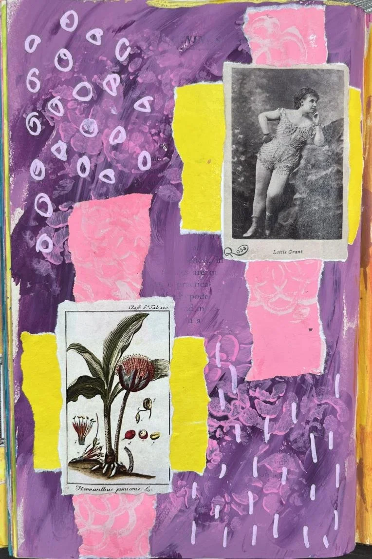An example of an art journal page made using a portrait of a burlesque performer