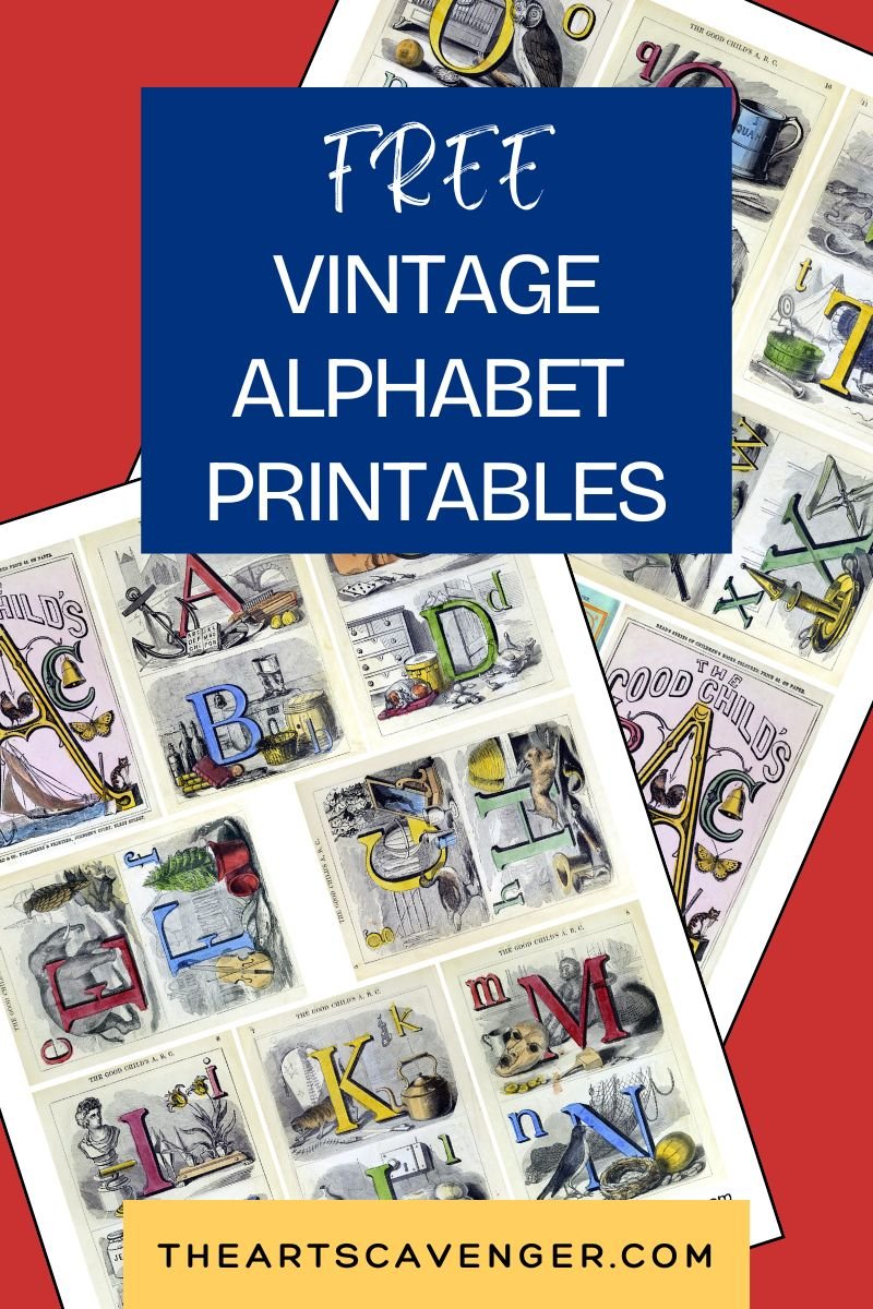 Printable 2.5x3.5 vintage alphabet ATC cards featuring 19th-century engraved letters from The Good Child’s ABC book