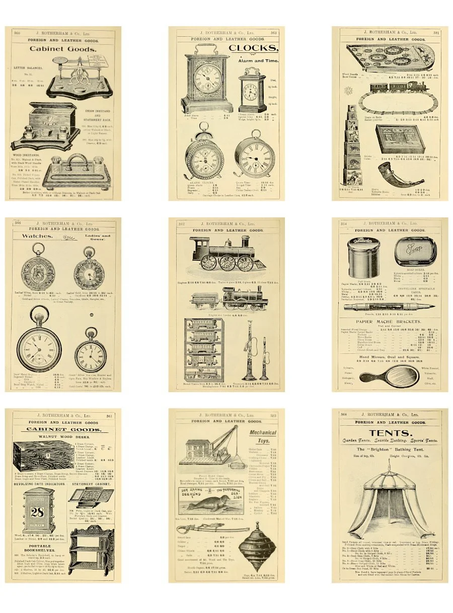 Printable antique catalog illustrations for scrapbook and mixed media crafts