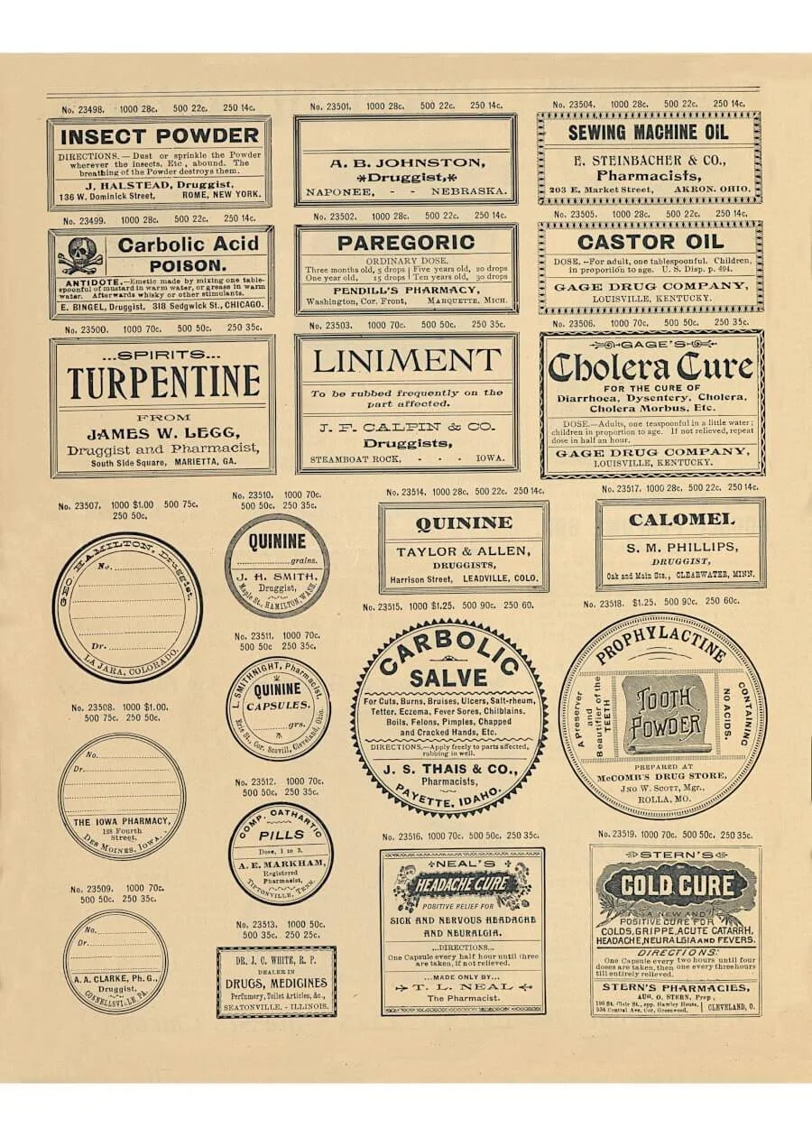 Historical apothecary and pharmacy label ephemera for digital collage and paper crafts