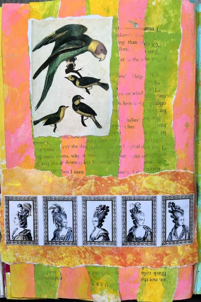 Amixed media paper collage made using a vintage bird illustration