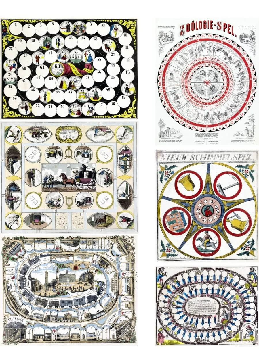 Printable collage sheet of antique European board games for mixed media art and paper crafts.