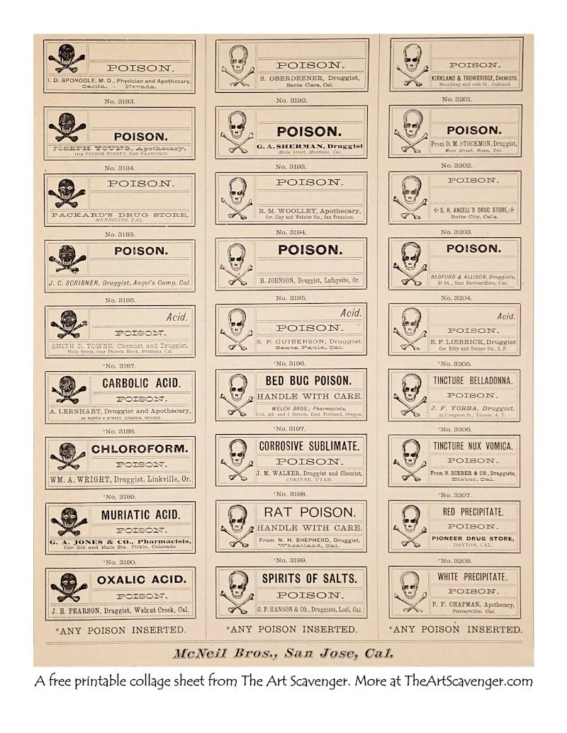 Vintage poison bottle labels for Halloween crafts