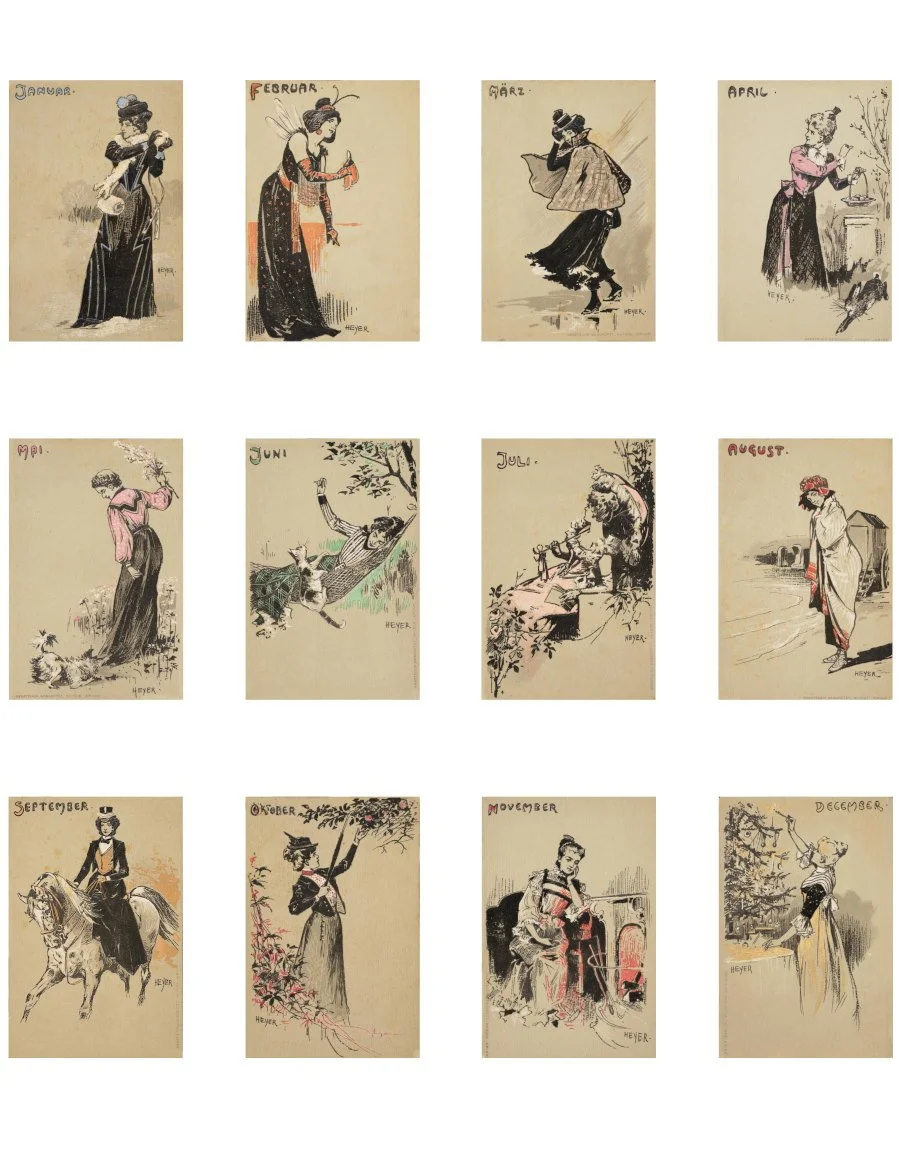 Vintage January through December monthly ephemera collage sheet printable