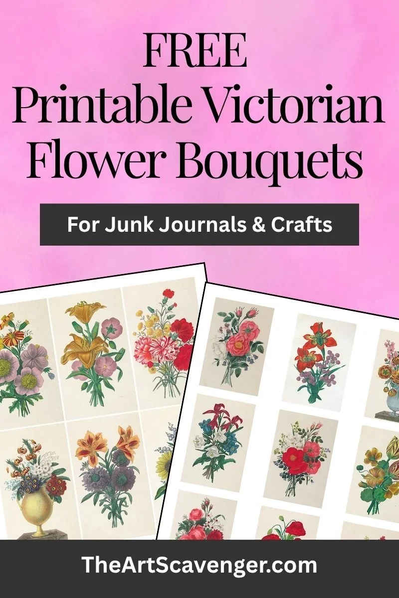 Vintage flower bouquet illustrations from an 1835 botanical art collection arranged on printable collage sheets.