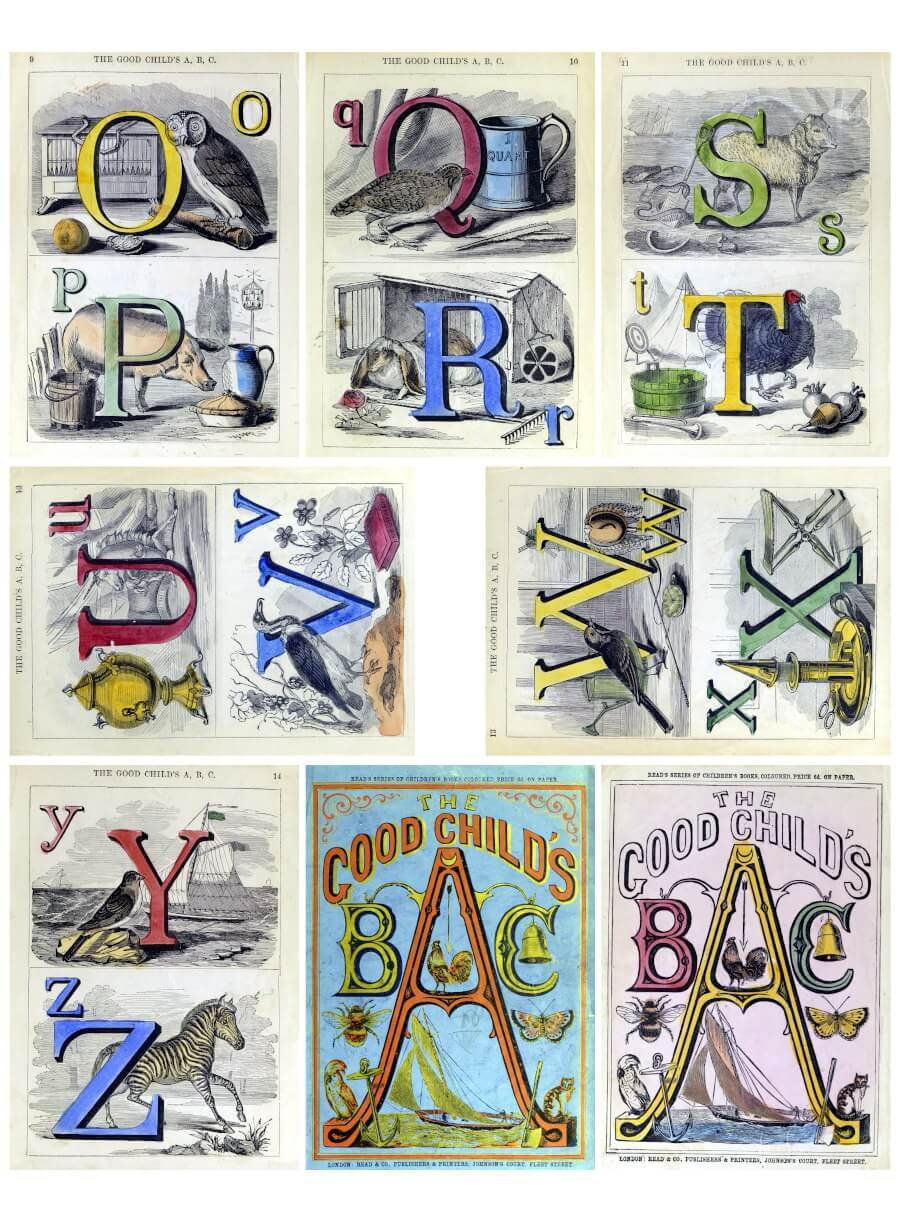 19th-century ABC book letter engravings sized for ATC trading and small framed decor