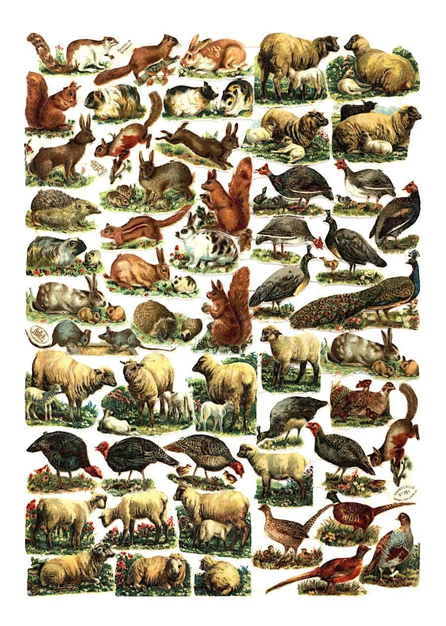Free vintage animal collage sheet with colorful Victorian-style animal illustrations