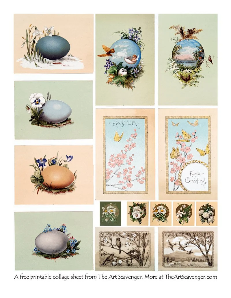 Vintage Easter collage sheet with antique eggs, birds, butterflies and floral illustrations