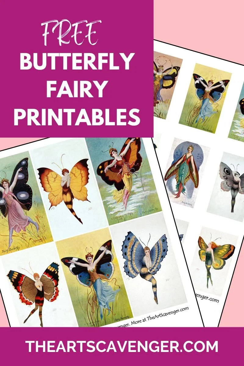 Public domain butterfly fairy illustrations from antique postcards compiled into printable sheets.