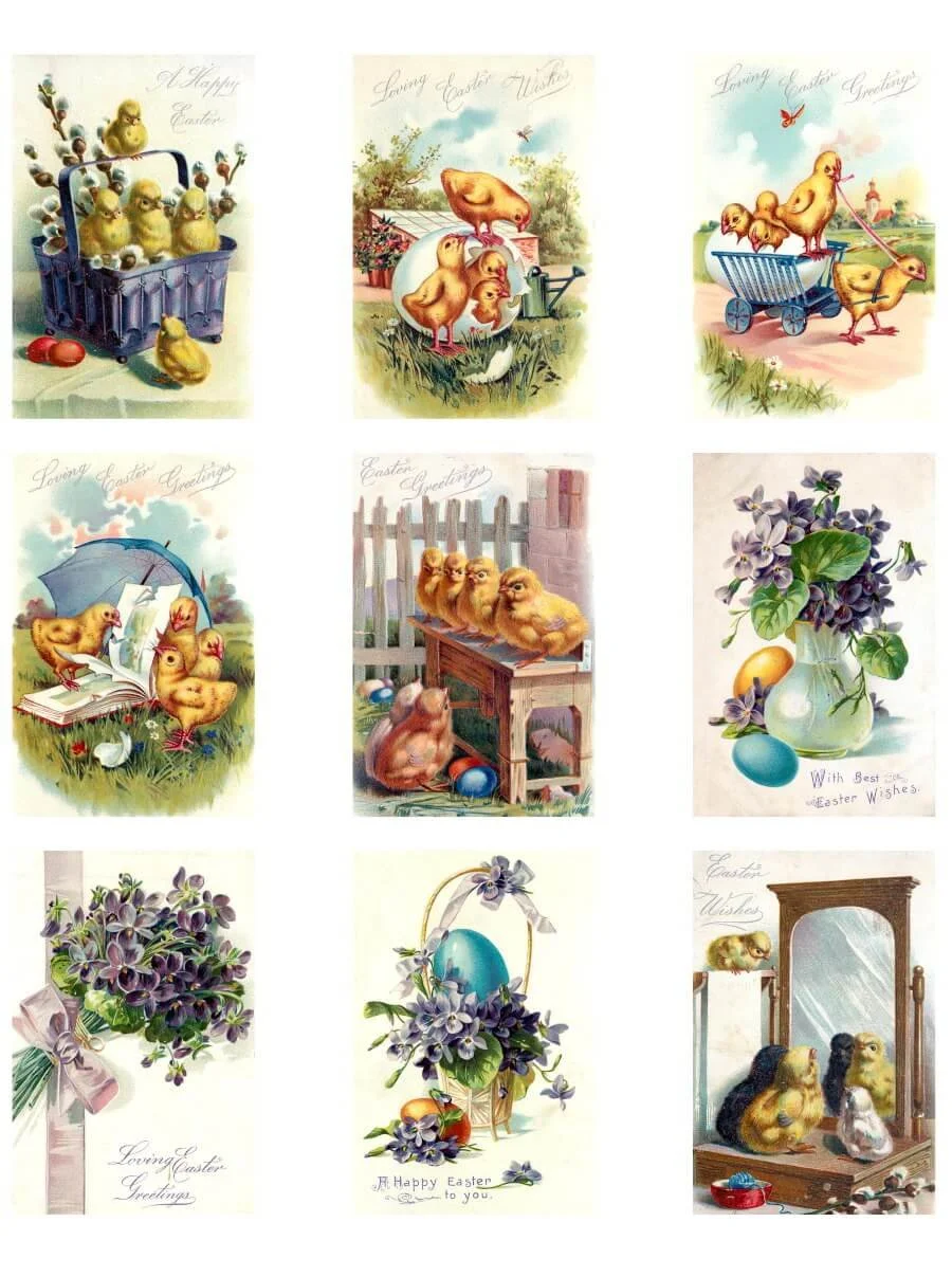 Easter collage sheet printable with chicks, rabbits and floral designs