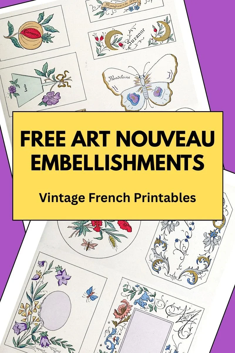 Free vintage Art Nouveau embellishment printables with floral frames and decorative motifs