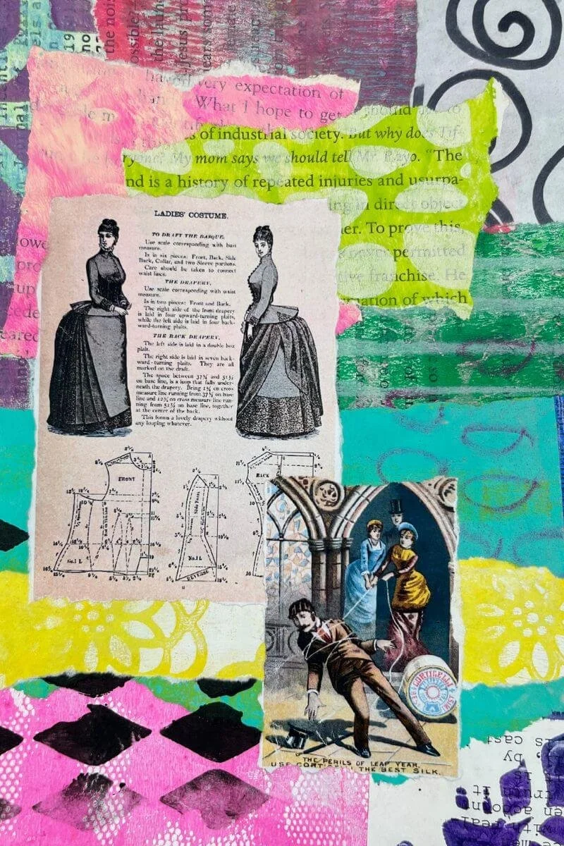 A junk journal spread with a vintage sewing diagram and Victorian trade card with a man wrapped in thread as the focal points