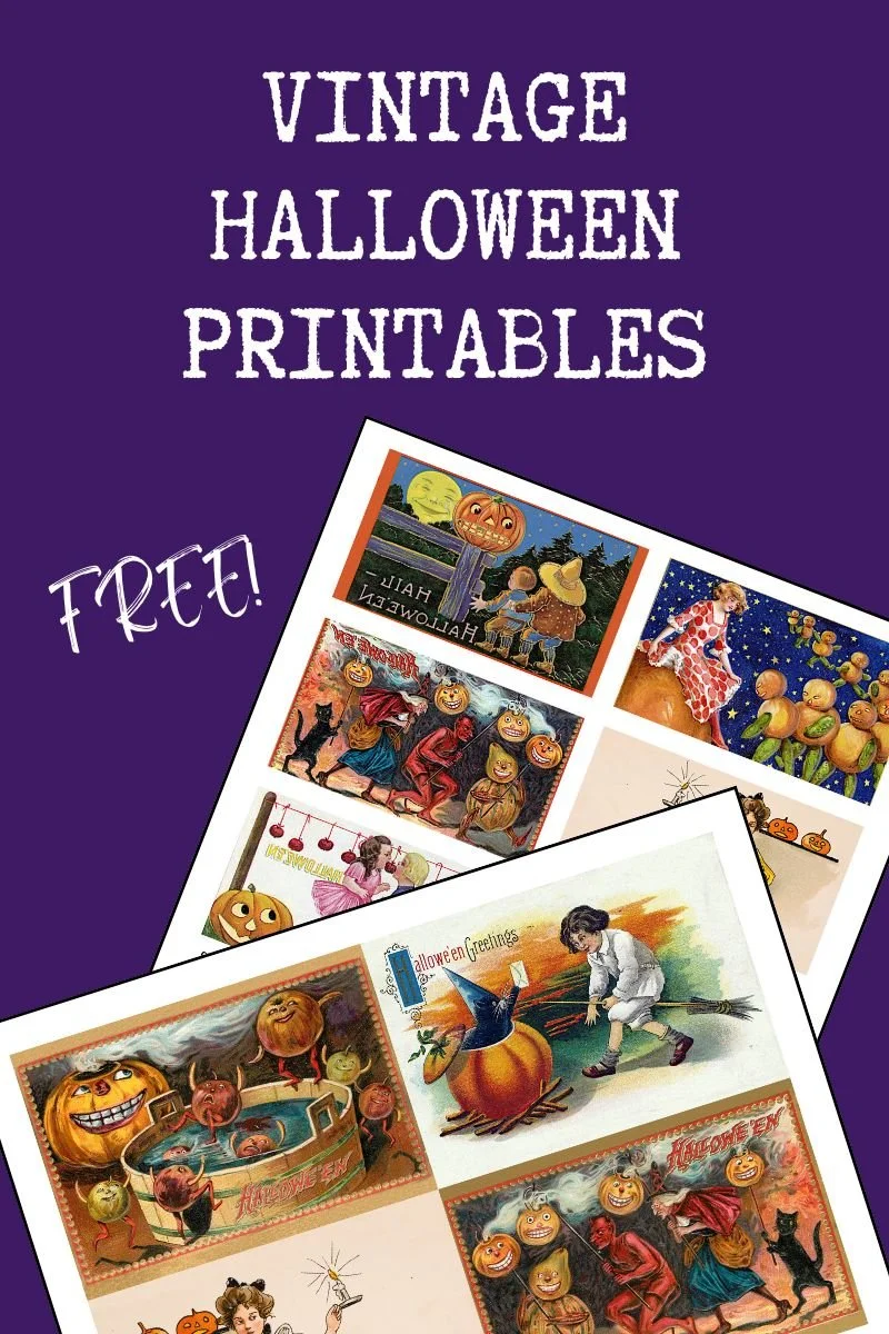 Vintage Halloween postcard collage sheet with colorful jack-o'-lanterns and whimsical antique holiday scenes.