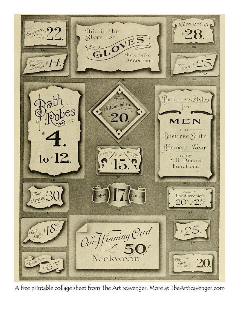 Printable vintage store show card ephemera sheets with ornate typography and decorative borders.
