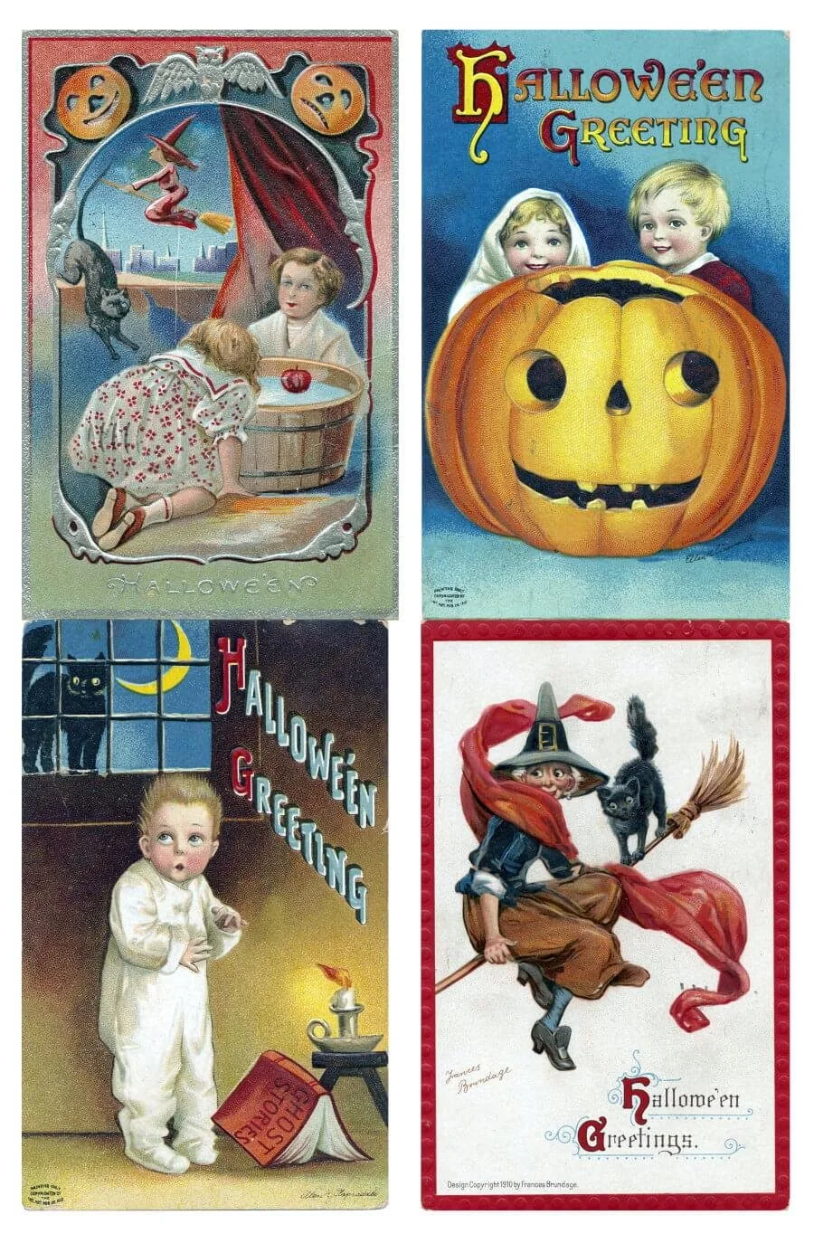 Four vintage Halloween postcard illustrations arranged on a printable collage sheet