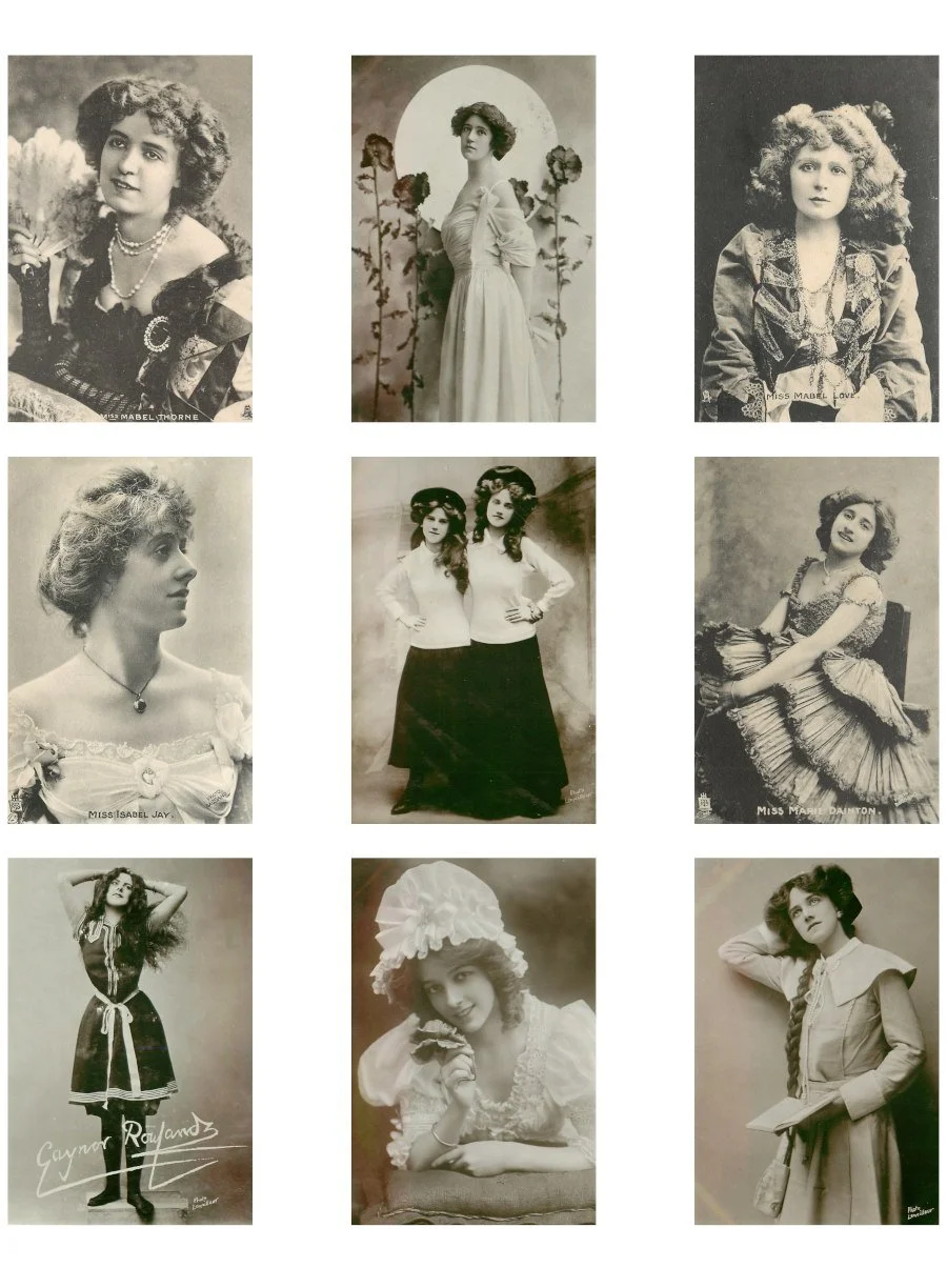 Public domain early 1900s actress postcards transformed into printable collage sheets.