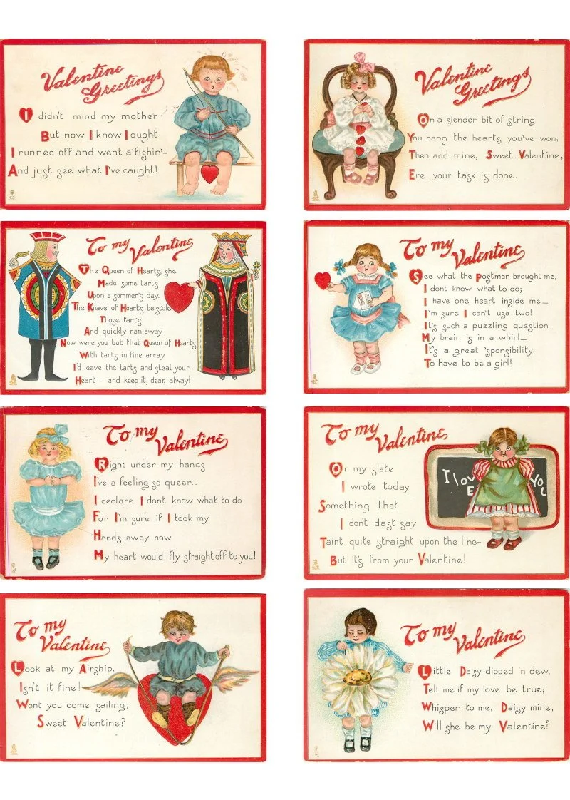 Whimsical vintage Valentine rhyme illustrations for art journals