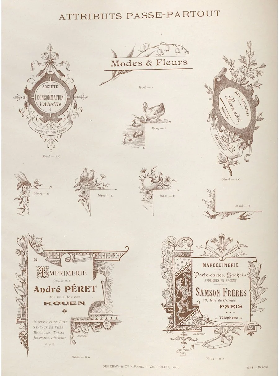 French ephemera collage sheets with decorative borders and frames
