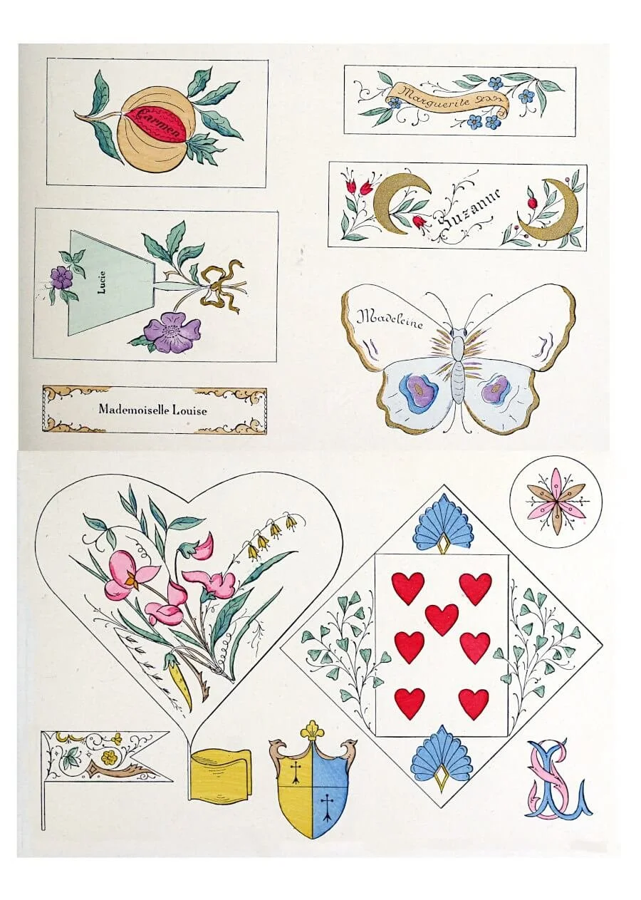 French Art Nouveau style printable collage sheet with hearts, flowers and decorative borders