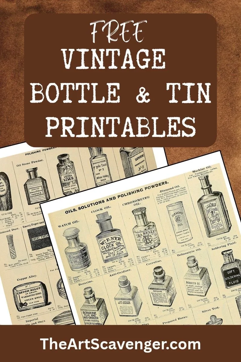 Free printable vintage product illustration collage sheets from The Art Scavenger featuring 19th-century bottles, tins, and workshop supplies.