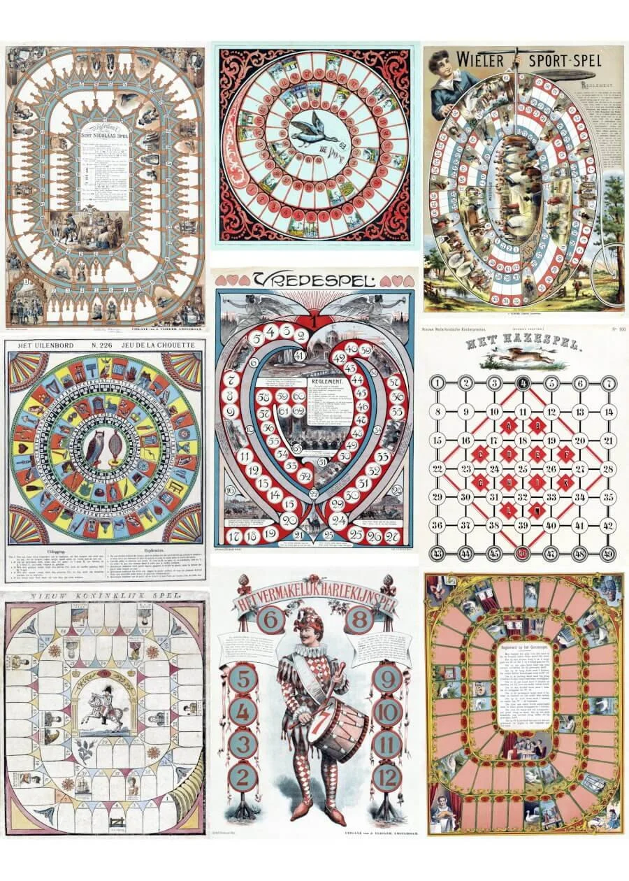Antique public domain board game printable with colorful Victorian race games and spiral game boards.