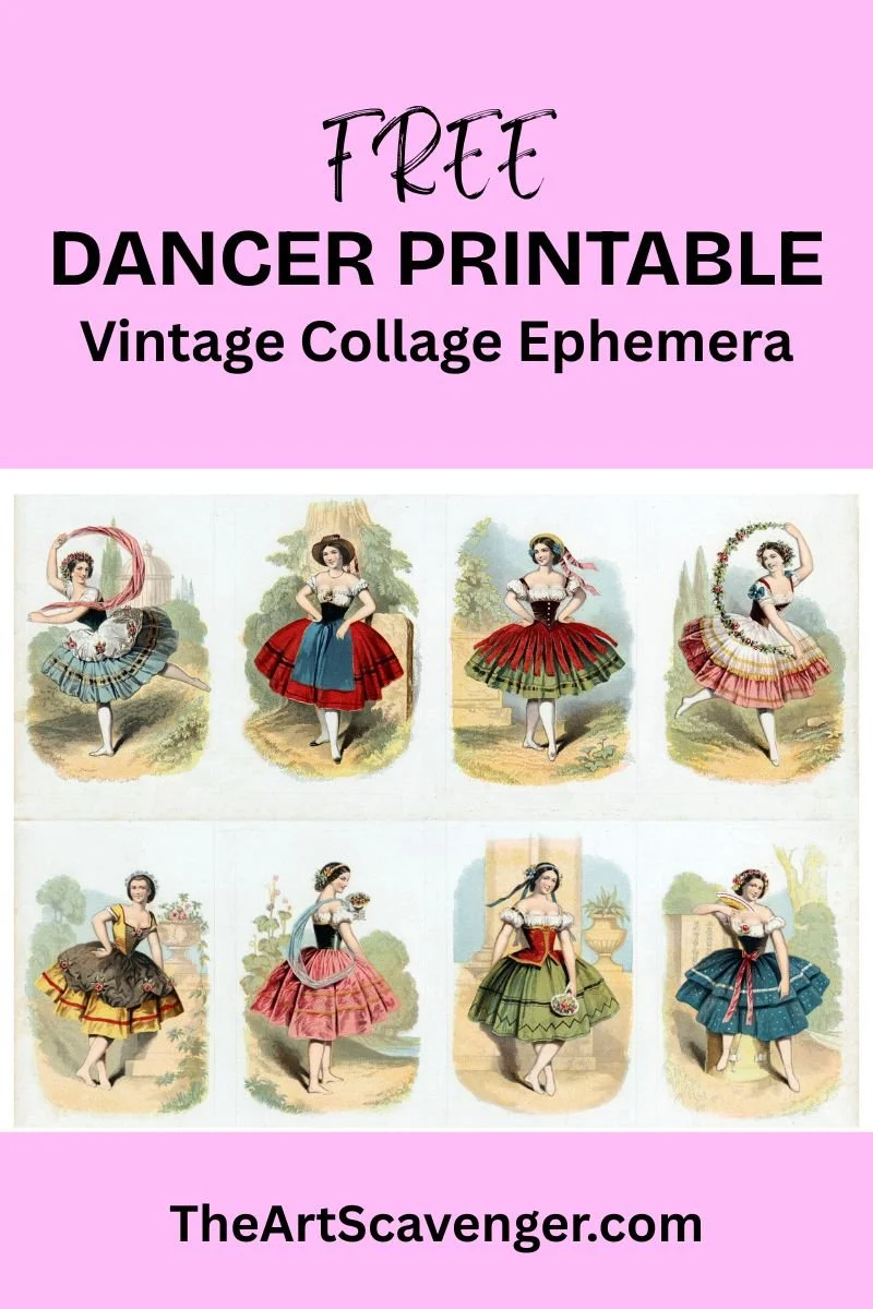 Printable collage sheet of vintage folk dancers in 19th-century costumes for junk journals