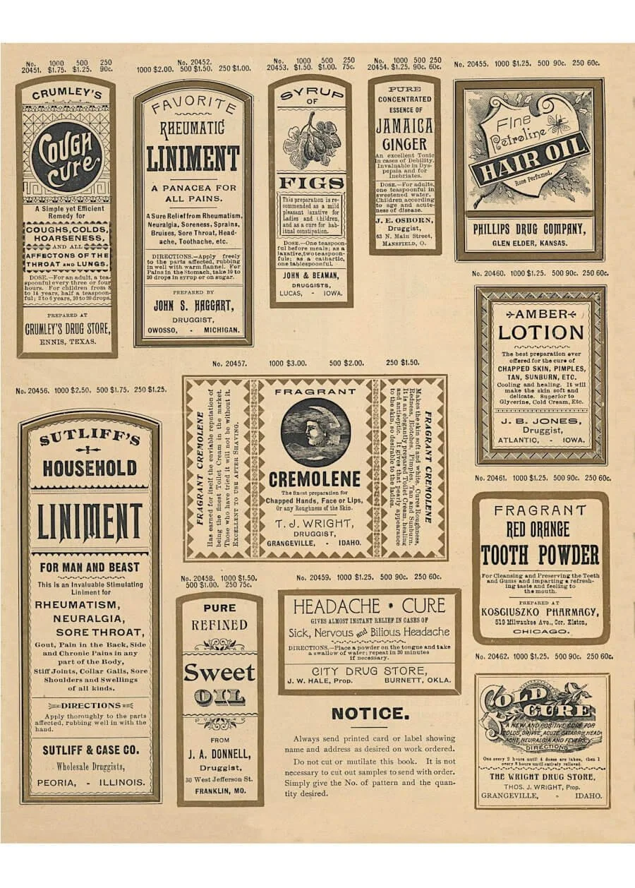 Antique druggist labels including hair oil, liniment, and tooth powder