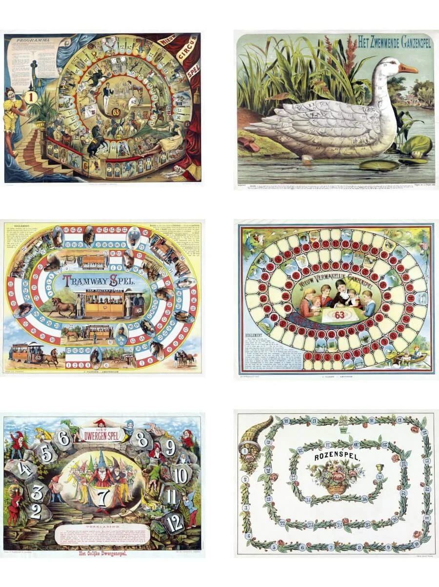 Free printable collage sheet featuring Victorian vintage board game illustrations for junk journals and scrapbooking.