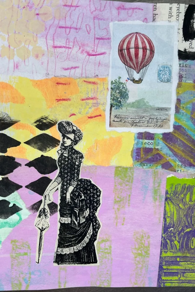 Example of an art journal page using vintage hot air balloon postcard ephemera