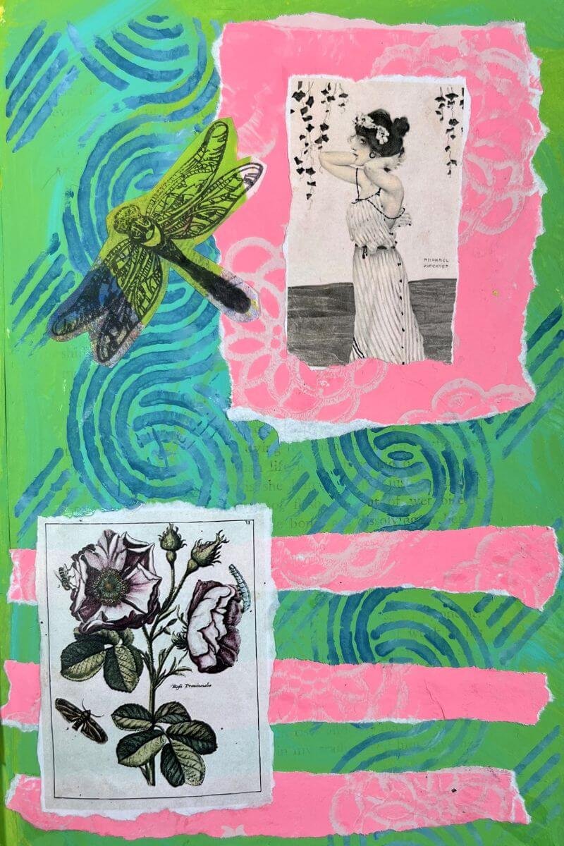 An art journal page made using mixed media techniques and a Grecian-style journal card