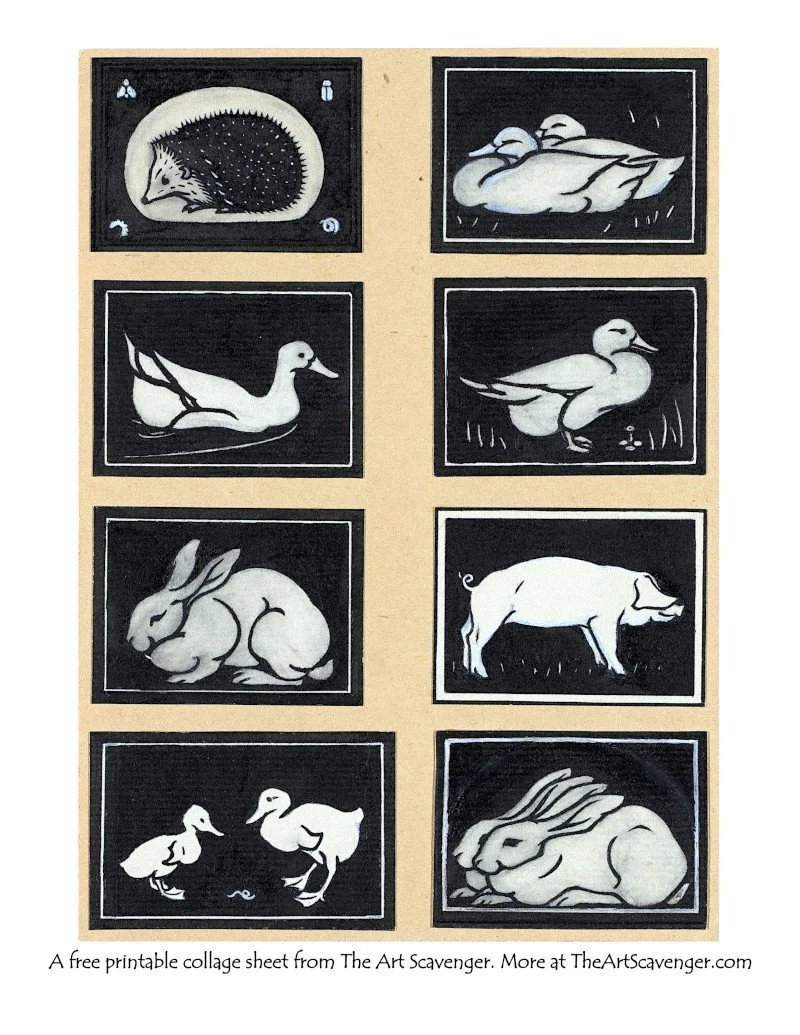 Julie de Graag printable animal ephemera sheet with framed woodland and farm animal illustrations.