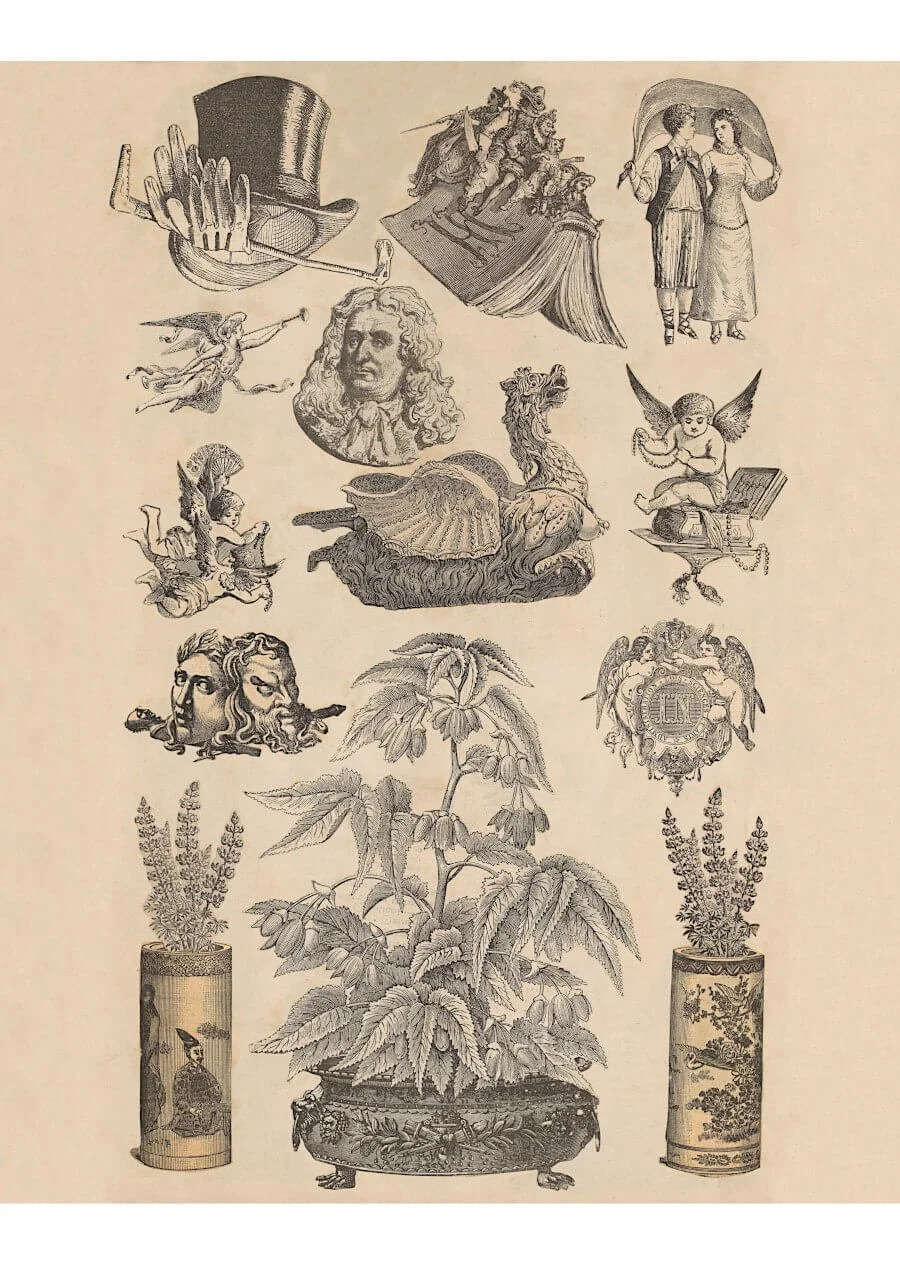Printable Victorian collage ephemera with antique engravings