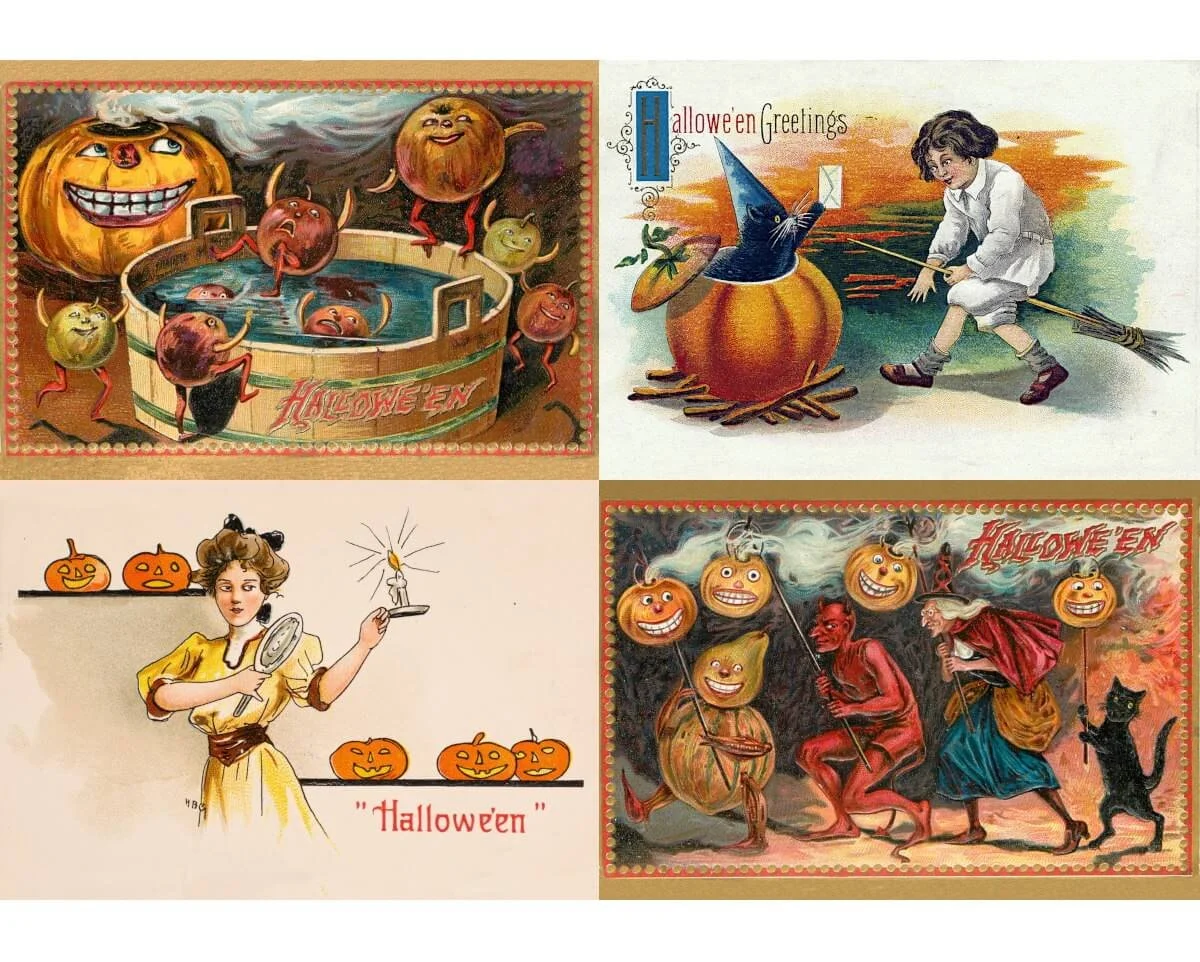 Free Halloween collage sheet for junk journals featuring unusual vintage postcard artwork.