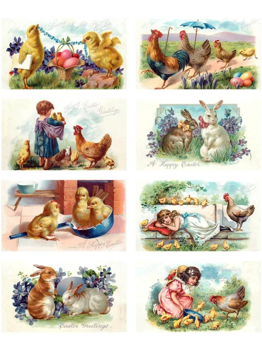 Vintage Easter chicks and rabbits journal cards printable