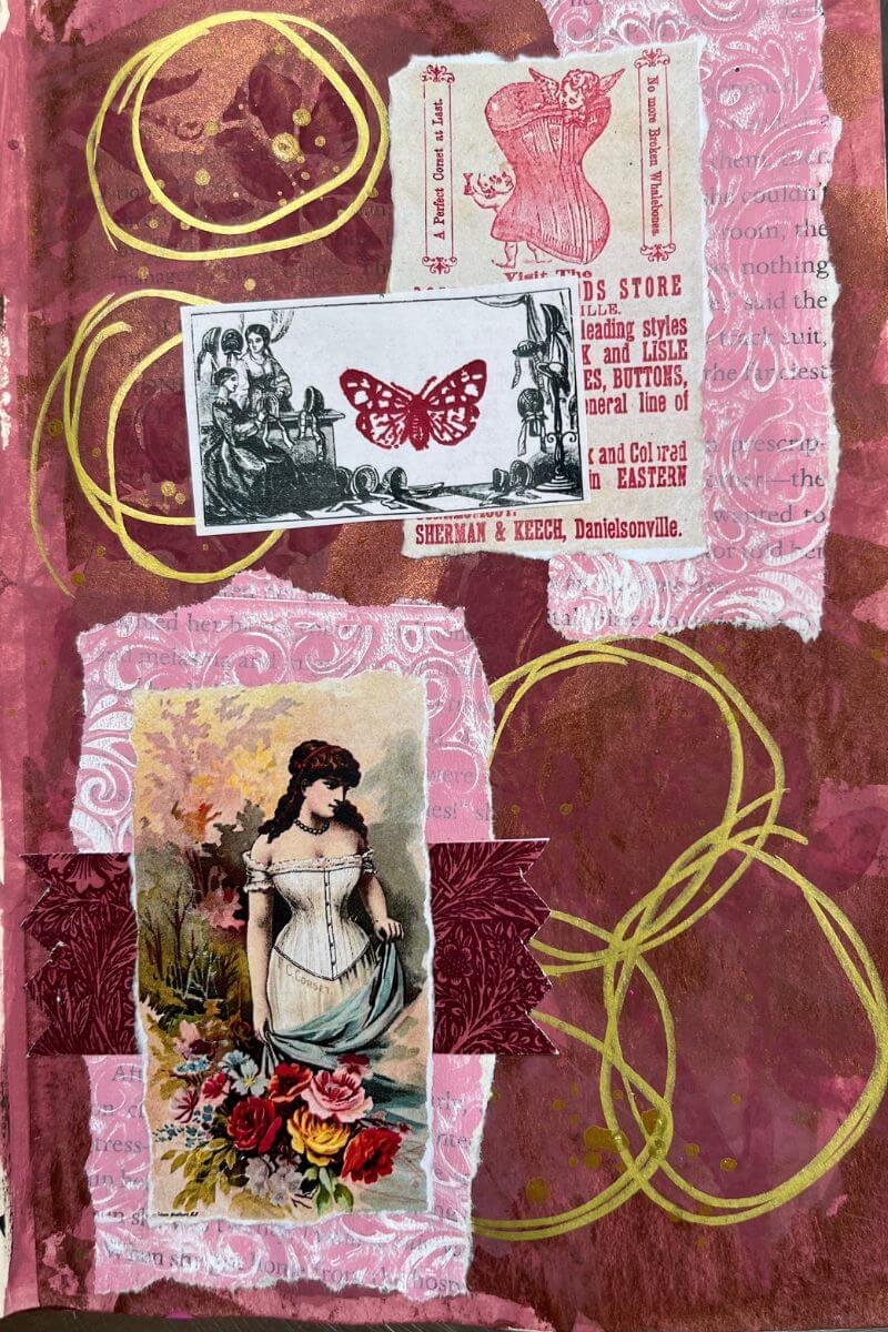 A junk journal page made using Victorian corset ads as focal points